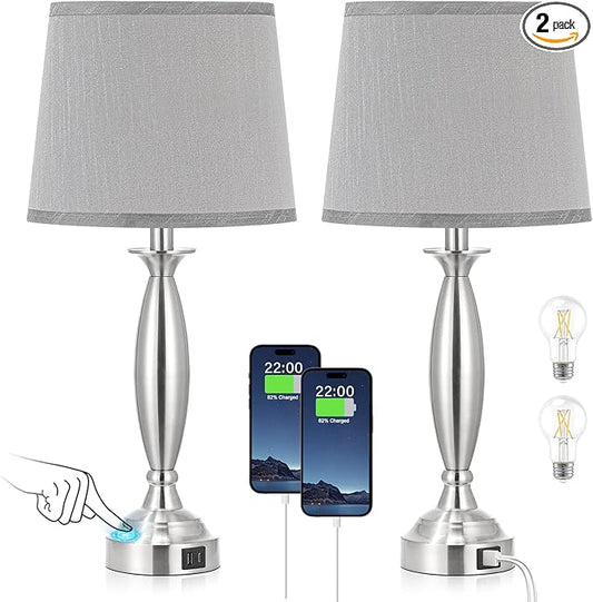 Bedrooms Touch Control Bedside Lamp with USB C+A, 3 Way Dimmable Nightstand Lamps with USB Port, Brushed Nickel Table Lamp for Living Room Guest Room Bed Side End Table, Set of 2 - Bloomnest