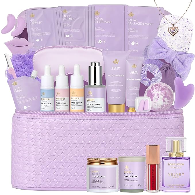 33 pcs Valentines Day Gifts for Women, Lavender Spa Bath & Body Gift Set, Face Sheet Mask Skin Care, Hydrogel Mask, Lip Gloss, Cosmetic Bag, Serum, Necklace, Cleanser, Gua Sha, Mother Day, Birthday - Bloomnest