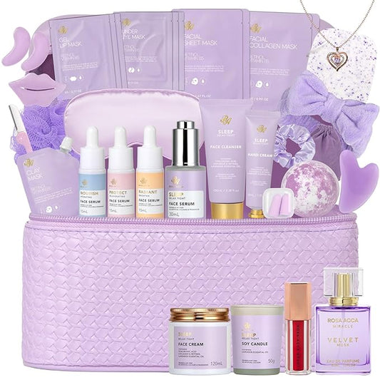 33 pcs Valentines Day Gifts for Women, Lavender Spa Bath & Body Gift Set, Face Sheet Mask Skin Care, Hydrogel Mask, Lip Gloss, Cosmetic Bag, Serum, Necklace, Cleanser, Gua Sha, Mother Day, Birthday - Bloomnest