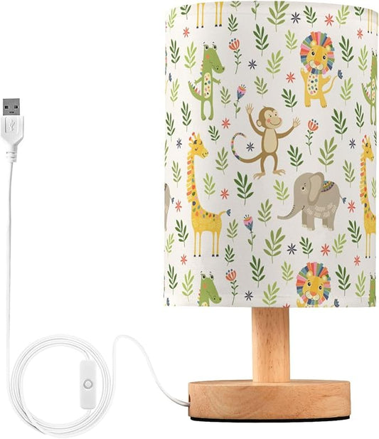 Jungle Animal Pattern Table Lamp with Wood Base and Fabric Shade for Living Room, Bedroom or Kids Room - Bloomnest