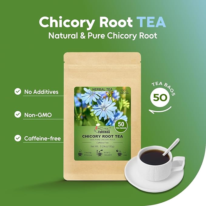 FullChea - Chicory Root Tea, 50 Teabags - Pure Chicory Root Herbal Tea - Coffee Alternative - Non-GMO - Caffeine-free - Support Liver Health & Rich in Antioxidants - Bloomnest