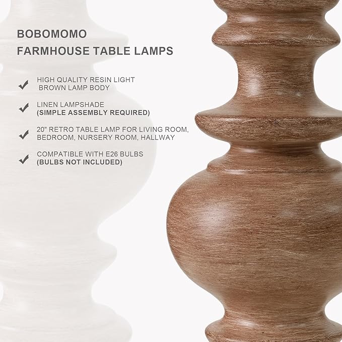 BOBOMOMO 20" Rustic Bedside Lamps Set of 2- Vintage Resin Table Lamps for Nightstands with Linen Shades, Farmhouse Lamps for Living Room, Bedroom, and Hallway (Light Brown) - Ideal for Compact Spaces - Bloomnest