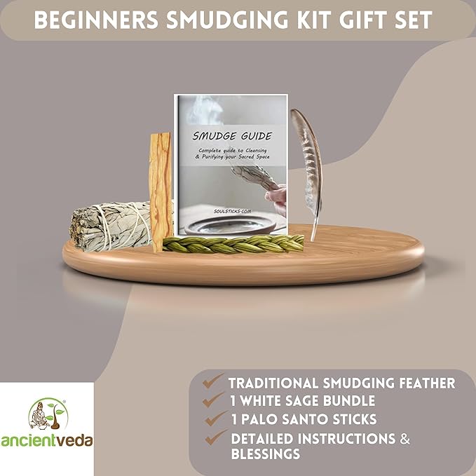 Ancient VEDA Organic Smudge Kit – California White Sage, Palo Santo, Sweetgrass Braid, Feather & Smudge Guide | Home Cleansing Kit for Meditation, Yoga, Energy Healing & Gift (Starter Kit, White Sage)