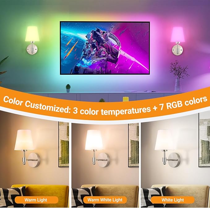 Battery Operated Wall Sconces Set Of 2, Wireless Battery Wall Light With 10000mAh RGB Rechargeable Magnetic Bulb, Rechargeable Wall Sconce With Remote Control For Bedroom, No Electrician Required - Bloomnest