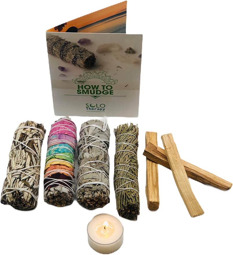 Smudge Kit Spiritual Set - White Sage, Cedar, 7 Chakra Sage, Yerba Santa, Palo Santo, Sandalwood T-Lite Candle - for Purifying, Cleansing, Meditating, Blessing, Manifesting, Love (Smudge Kit) SoloTherapy