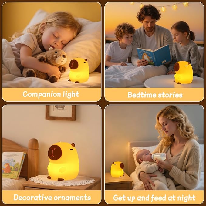 Capybara Night Light for Kids, Squishy Lamp, 1200mAh Long-Lasting Battery, Rechargeable Touch Control, Dimmable with 30-Min Timer, Capybara Gifts for Nursery Halloween Bedroom Decor - Bloomnest