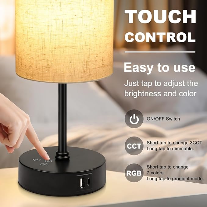 Unicozin Table Lamp, 3 CCT 3000K/4500K/6500K & RGB Color Changing, Stepless Dimmable Small Bedside Lamp for Reading, Ambience Nightstand Light for Home Decor Party, Beige Shade - Bloomnest