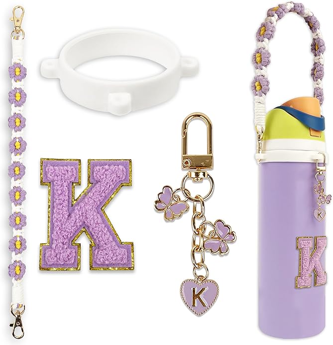 Compatible with Owala Water Bottle Accessories, Cute Letter Charm Set with Boho Handle Strap, Monogram Sticker, Silicone Ring, Keychain Decoration, for FreeSip 24 32 40oz, Owala Kids, Tumbler Gift SITKOL