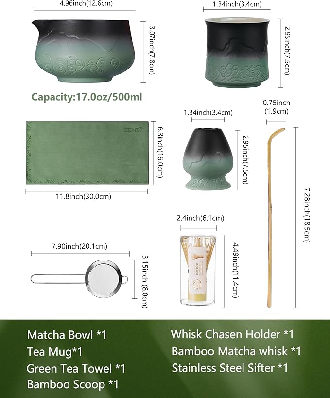 ZENS Matcha Whisk Set, 7pcs Matcha Kit Set with Ceramic Bowl and Matcha Cup, Bamboo Whisk & (Chasen Holder) Sifter, Scoop -Tea Towel, Japanese Chawan for Matcha-Making, Sage Green - Bloomnest