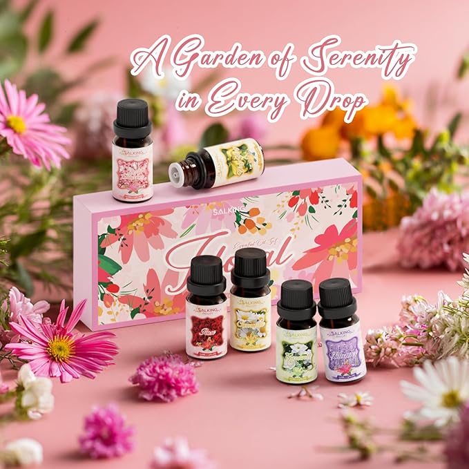 SALKING Floral Essential Oils Set, Premium Pure and Natural Essential Oils, Fragrance Oil Scented Oils for Oil Diffusers 6 x 10 ML - Lavender, Rose, Cherry Blossom, Ylang Ylang, Gardenia, Chamomile - Bloomnest