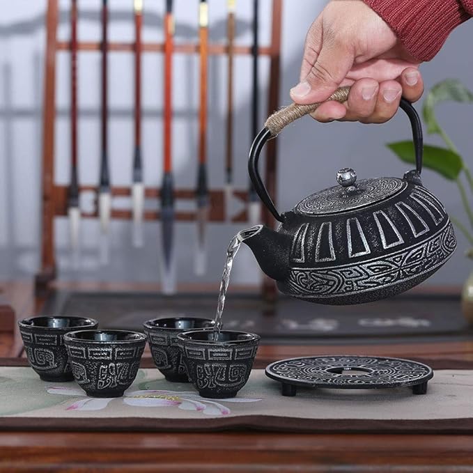 Cast Iron Teapot Set Japanese Style Tea Kettle with Infuser, Enameled Interior Cast Iron Tea Pot with 4 Teacup for Stove Top, Handmade Gift for Friend (28 Ounce, Black) - Bloomnest