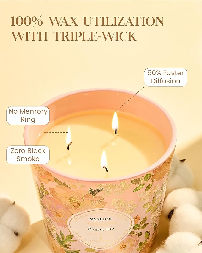 M&SENSE Cherry Pie Scented Candle, 28.2oz 3 Wick Natural Soy Wax Large Candles, Long Lasting Clean Slow Burning No Toxic Décor for Home Relaxation, Romantic Dates & Gift-Giving - Bloomnest