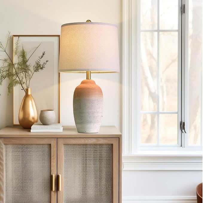 24.5" Vintage Ceramic Table Lamp - Single Farmhouse Rustic Bedside Lamp with Natural Textured Finish, Nightstand Lamps for Living Room, Bedroom, End Table, Office White and Brown - Bloomnest
