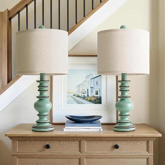 BOBOMOMO 20" Distressed Teal Bedside Lamps Set of 2, Hand-Painted Vintage Resin Lamps with Linen Shades, Cottage Farmhouse Lamp for Living Room, Bedroom, and Hallway, Space-Saving Accent Lamps - Bloomnest