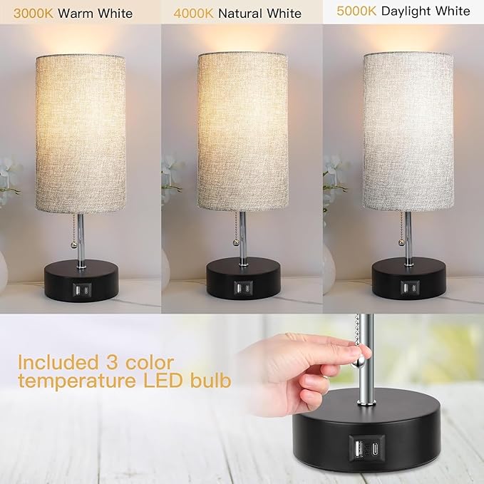 3-Color Temperature Bedside Lamp Nightstand Lamp with USB A Port and C Port, Table Lamp for Bedroom with LED Bulb Small Lamps for Living Room (Gray) - Bloomnest