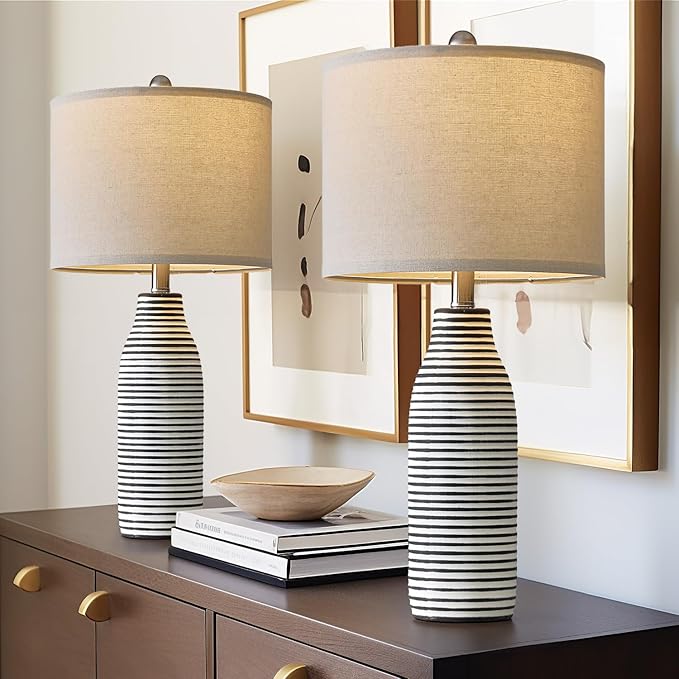 25" Ceramic Table Lamps Set of 2 Beside Lamps for Living Room Modern Bedroom Lamps for Night Stands with Rotary Switch Black and White Stripes - Bloomnest
