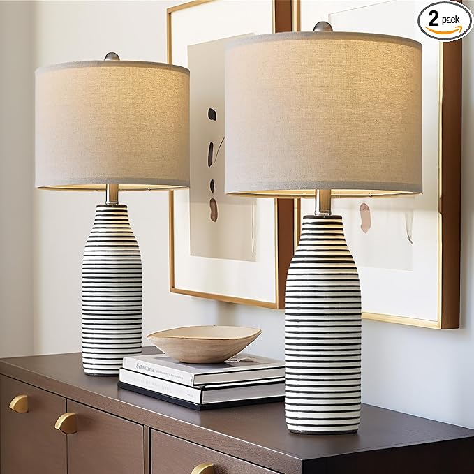 PORTRES 25" Ceramic Table Lamps Set of 2 Beside Lamps for Living Room Modern Bedroom Lamps for Night Stands with Rotary Switch Black and White Stripes - Bloomnest