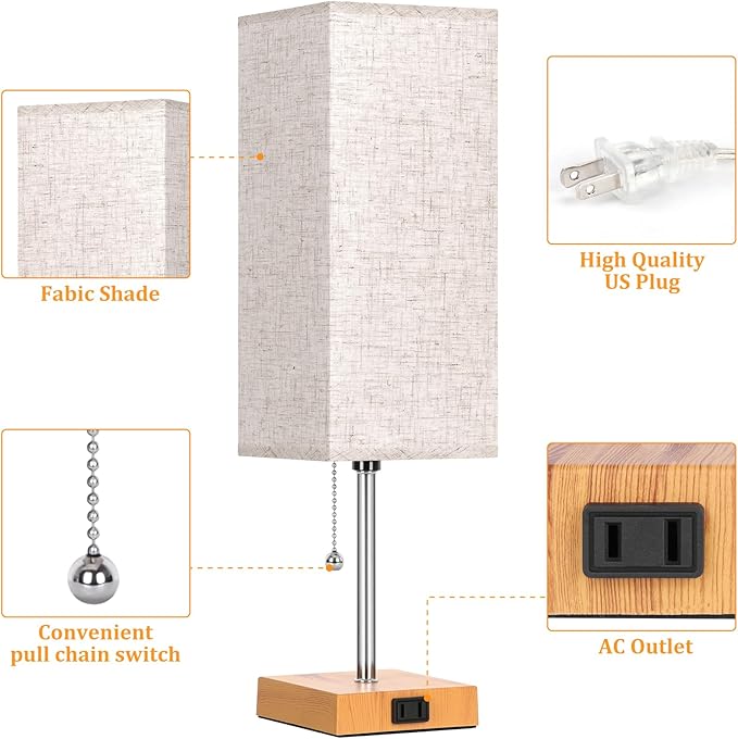 Table Lamp for Bedroom set of 2,3-Color Bedside Lamps with Pull Chain Table Lamps for Nightstand with AC Outlets,18'' Night Light Lamps with 2 Bulbs Lamps for Living Room Kids Room Office Decor（Wood） - Bloomnest