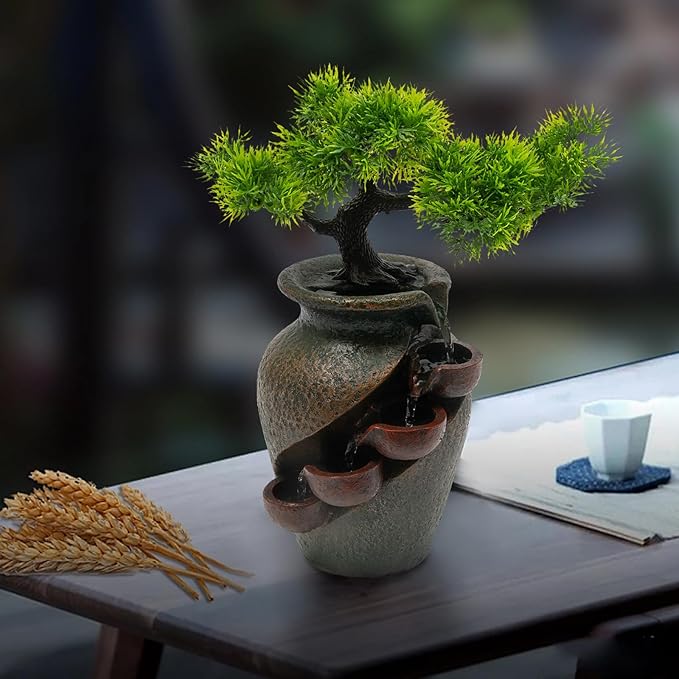 Decorative Indoor Tabletop Fountain, 15.7in Tabletop Wateall Vase Fountains with Simulation Tree Flowers for Living Room, Bedroom, Dining Room (Pine Tree) - Bloomnest