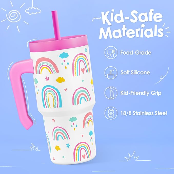 Rainbow Tumbler 20oz with Handle and Silicone Straw Lid for Kid, Insulated Stainless Steel Cup, Gift for Kids Girls, Gifts Idea for Birthday Christmas Back to School - Bloomnest