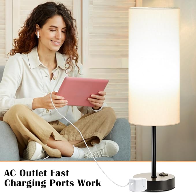 ZJOJO Table Lamp for Bedroom 2 Pack,18in Bedside Lamps with 3 Way Dimmable Rocker Switch & AC Outlet,Nightstand Desk Lamp with White Fabric Shade Black Basee for Living Room Home Decor Lights - Bloomnest
