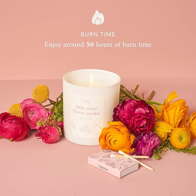 Literie NYC Inspired Scented Candle: 28th Street Flower Market - Peony & Rose Scent, 9oz, 50 Hour Burn, Vegan Soy & Coconut Blend Candle for Home Decor, Gift for Women & Men - Bloomnest
