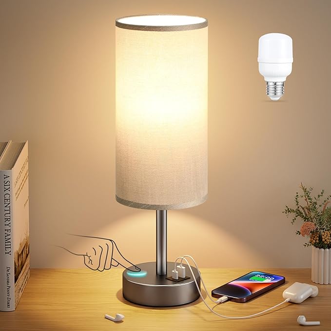 Small Touch Bedside Lamp with USB - 3 Way Dimmable Grey Table Lamp for Bedroom, Nightstand Lamp with Charging Station for Desk Dorm, Office - Bloomnest