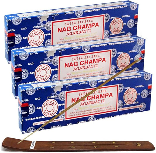 TRUMIRI Incense Stick Holder Bundle with Satya Sai Baba Nagchampa 100g Incense Sticks - Pack of 3 (Approx 300 Sticks) - Bloomnest