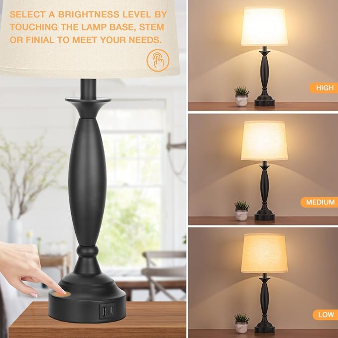 Seealle Beige Lamps for Bedrooms Set of 2 - Touch Control Bedside Lamp with USB C+A, 3 Way Dimmable Nightstand Lamps with USB Port, Table Lamp for Living Room(Beige Shade and Black Base) - Bloomnest