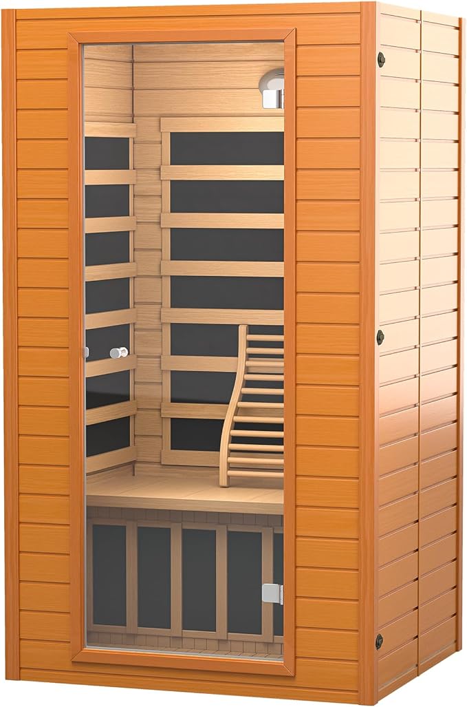 Real Relax Infrared Sauna for Home, Home Infrared Saunas up to 1-2 Persons, Canadian Hemlock Wooden Indoor Dry Sauna Room with Low Emf Red Light Therapy, 9-Color Chromotherapy Lights RealRelax