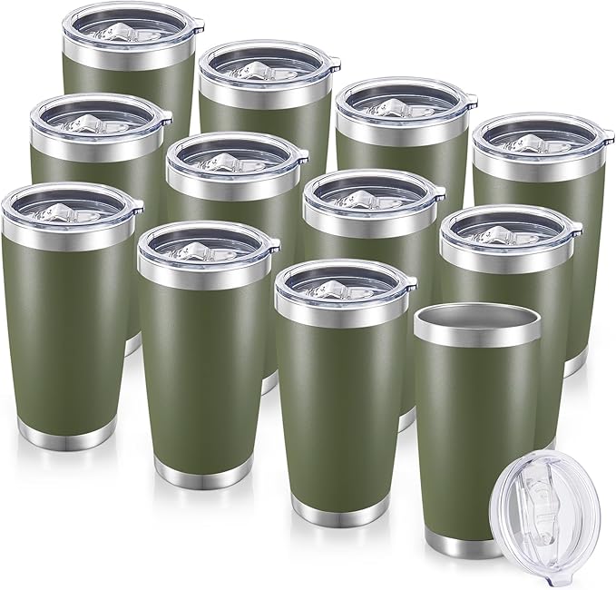 20 oz Tumblers Bulk Stainless Steel Tumbler with Lid Double Wall Vacuum Insulated Coffee Mug 20oz Powder Coated Cup for Hot and Cold Drinks, Army Green, 12 pack - Bloomnest
