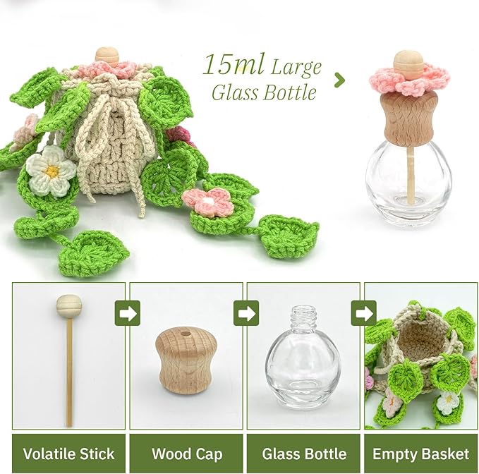 Crochet Car Air Freshener, 15ml Empty Refillable Oil Diffuser Bottle with Hanging Crochet Flowers Plant for Car Rearview Mirror Decor Air Freshener Diffuser for Home, and Office Decor(Flowers) - Bloomnest