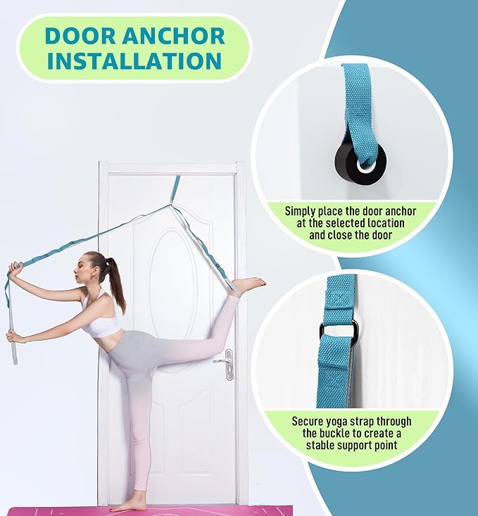 HiRui Stretching Strap Yoga Strap with Door Anchor, 14-Loops Non-Elastic Stretch Straps for Physical Therapy, Pilates, Dance, Gymnastics | Stretch Band with Workout Guide for Women & Men - Bloomnest