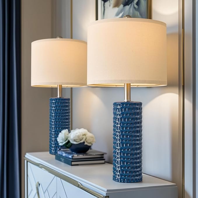 PORTRES 24.75" Modern Accent Ceramic Table Lamp Set of 2 for Bedroom Desk Decor Bedside Lamps for Living Room Study Room Office Dorm Farmhouse Nightstand Lamp End Table Lamps (Blue) - Bloomnest