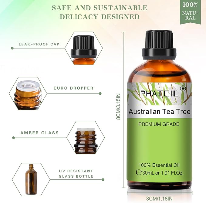 Australian Tea Tree 1.01fl.oz Essential Oil, PHATOIL Pure Aromatherapy Oils for Diffuser, Humidifier, Perfect for DIY Soap, Candle, Bath Bombs Making(30ml) PHATOIL