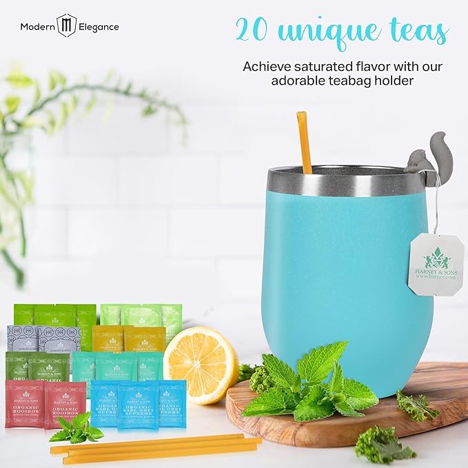 Tea Gift Set with Kettle – 26 -Piece Sampler for Women & Men, Insulated Mug, Assorted Organic Hrny & Sons Teas, Pure Honey & Accessories (Teal+Kettle - Hrny) - Bloomnest