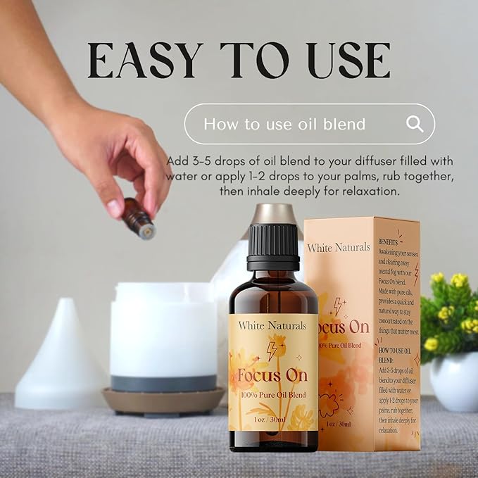 White Naturals Focus On Essential Oil Blend – Refreshing Aromatherapy Oil for Clarity & Attention, 100% Pure & Natural Essential Oils for Productivity, 1oz - Bloomnest