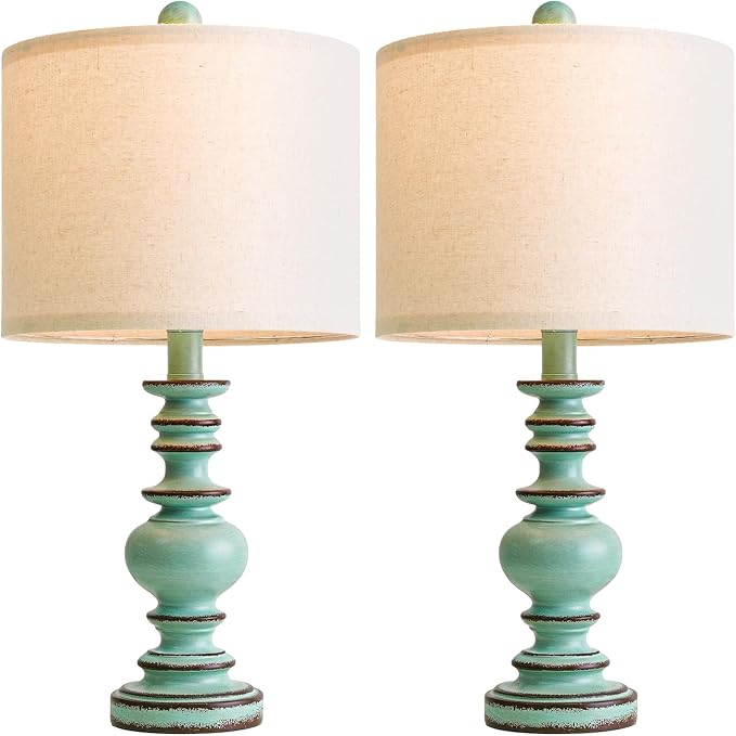 BOBOMOMO 20" Distressed Teal Bedside Lamps Set of 2, Hand-Painted Vintage Resin Lamps with Linen Shades, Cottage Farmhouse Lamp for Living Room, Bedroom, and Hallway, Space-Saving Accent Lamps - Bloomnest