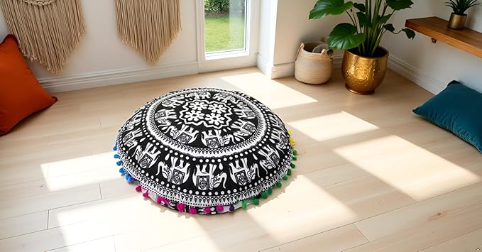 CRAFT KALA Large Round Bohemian Floor Pillow Pouf Cover Mandala Meditation Room Pillow Cover for Adults Boho Seating Poufs Cushion Cover for Kids Playroom 32" Round Black Elephant - Bloomnest