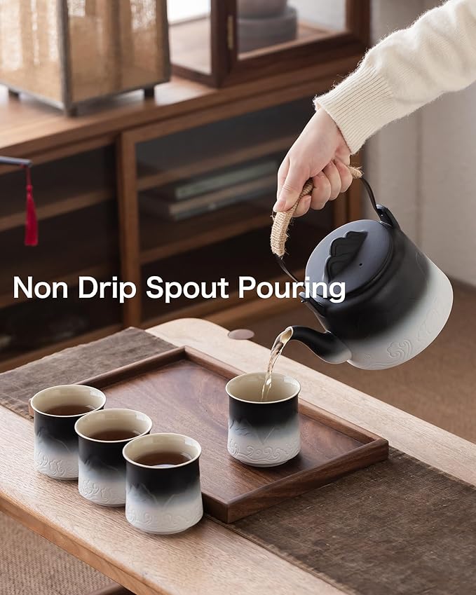 ZENS Vintage Japanese Tea Set, 33.8 oz Gradient Embossed Ceramic Japanese Teapot with Built-in Strainer for Tea Steeper, Hemp Rope Handle Loose Leaf Tea Pot with 4 Cups for Tea Party, Black & White - Bloomnest