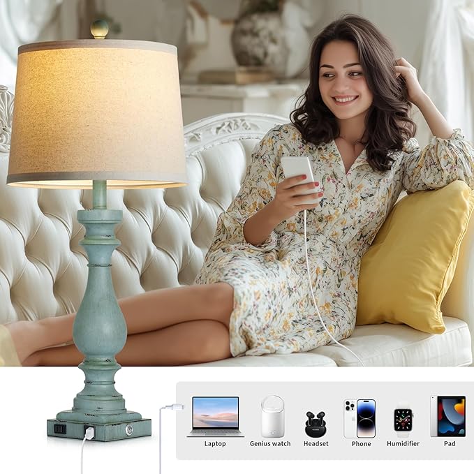 29" Tall Coastal Table Lamps Set of 2,Retro Blue Bedside Lamps with USB C+A Ports & AC Outlet,3-Way Dimmable Touch Lamp for Night Stands Living Room Bedroom,Blue - Bloomnest