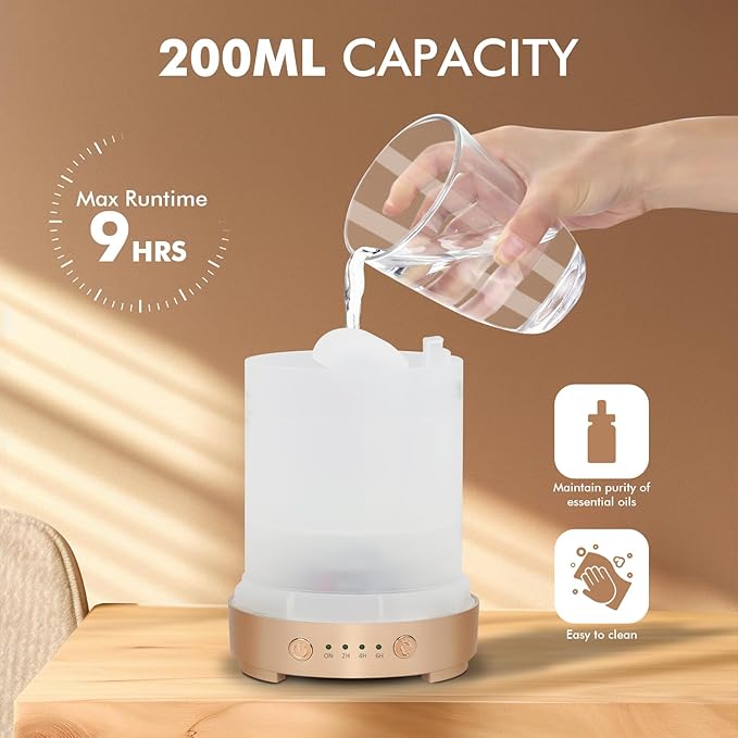Glass Essential Oil Diffuser 200ml-Ultrasonic Aroma Diffuser with Glass Dome, Aromatherapy Diffuser with 4 Timers 7 Color LED Lights Auto Shut-Off Protection for Home Office Yoga Gift for Women EQUSUPRO