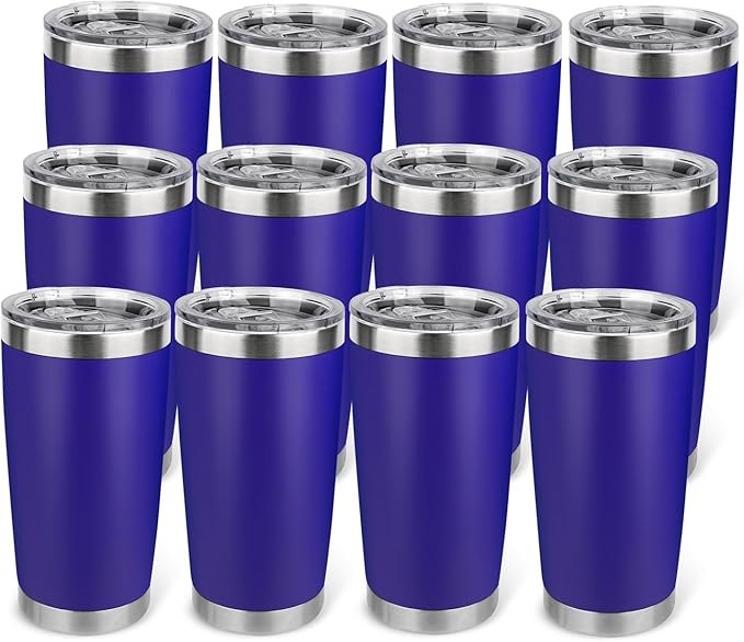 20oz Stainless Steel Tumbler Bulk with Lid, Travel Mug - Double Wall Vacuum Powder Coated Cup - Dark Blue, 12 Pack - Bloomnest