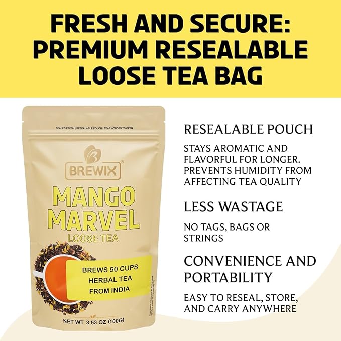 BREWIX, Mango Marvel Herbal Loose Tea (50+ Cups) | Made with Hibiscus, Mango, Pineapple, Orange Peel, Strawberry | Non-Caffeinated | Make Hot or Iced | Resealable Pouch - Bloomnest
