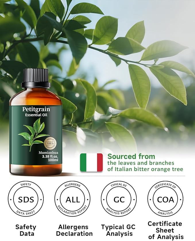 Pure Petitgrain Essential Oil, Mumianhua Natural Petitgrain Oil for Diffuser, Humidifier, Skin, Hair, Aromatherapy, Massage, Daily Calm, Balance Support, Relaxation, Soap, Candle Making 3.38 Fl Oz - Bloomnest