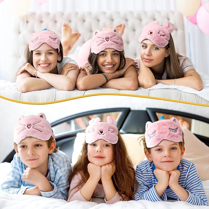 3 Pieces Sleep Mask for Kids, Girls Plush Sleeping Eye Cover Soft Eye Blindfold Cover Animal Shade for Kids(Pink,Bunny, Cat and Unicorn Style) - Bloomnest