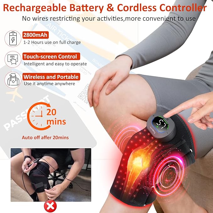Infrared Light Knee Massager with Heat and Red Light Therapy, 660nm & 850nm Knee Pain Relief, Vibration Heated Cordless Knee Wrap for Elbow Shoulder to Women Men and Elder - Bloomnest