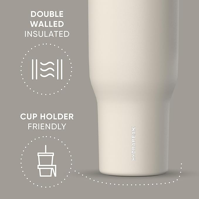 Hydrapeak Voyager 40 Oz Stainless Steel Tumbler with Handle, Insulated Water Bottle With Straw & Lid, Cupholder Friendly Reusable Travel Mug (Stone) - Bloomnest