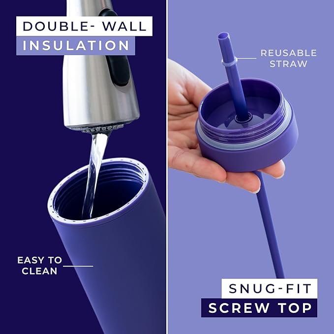 STRATA CUPS Purple Skinny Tumblers with Lids and Straws (12 pack) - 16oz Double Wall Acrylic Tumbler, Tall Matte Skinny Tumblers, Bulk with Free Straw Cleaner, Reusable Cups - Bloomnest