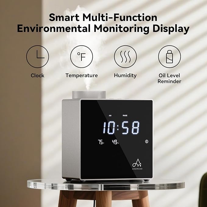 2026 Smart Waterless Diffuser, 2000 Sq.Ft Cold Air Scent Machine with Clock & Environmental Display | 7 Fragrance Levels, 9 Timer Settings, Hotel Collection Diffuser for Home & Large Rooms (Silver) - Bloomnest